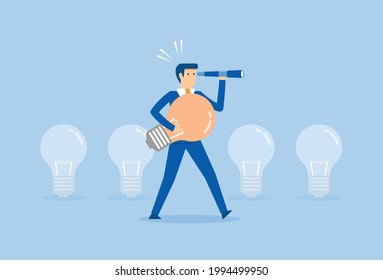 Businessman looking to the future with telescope, Vector illustration in flat style