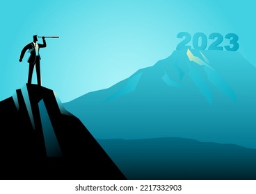 Businessman looking at the fuzziness of the year 2023 through telescope, forecast, prediction in business, vector illustration