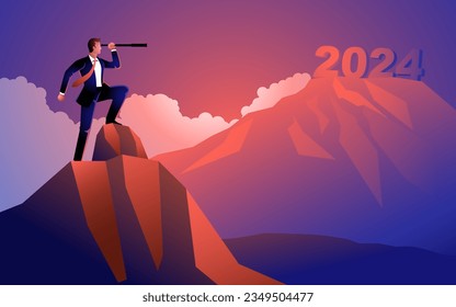 Businessman looking at the fuzziness of the year 2024 through telescope, forecast, prediction in business, vector illustration svg
