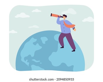 Empresario que busca oportunidades globales a través del telescopio. Hombre parado en la ilustración de un vector plano del globo. Experiencia, visión, concepto de desarrollo para banner, diseño de sitios web o página web de aterrizaje