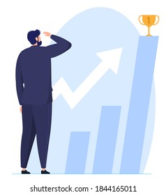 Businessman looking at graph, on top of cup graph, business goal, vector illustration