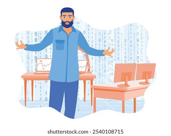  Un hombre de negocios mirando un gráfico que se ejecuta en una computadora. Datos de Analyze para aumentar las ventas. Concepto de mercado de valores. Ilustración vectorial plana.
