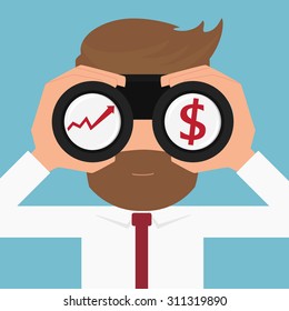 Businessman Looking for growth chart and money .Vision concept. Cartoon Vector Illustration.