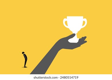 Businessman looking up hand holding a trophy. concept of Inspiration for success