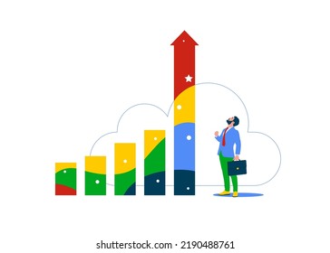 Businessman Looking At High Rising Up Graph Arrow. Grow Business Increase Sales And Profit, Growth Or Progress To Achieve Goal And Target, Improve Or Development To Boost Performance.