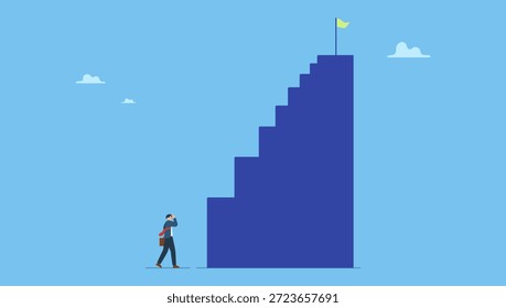Empresario mirando el primer paso alto y empinado de la escalera del éxito. El primer paso es más difícil, la curva de aprendizaje o superar la dificultad cuando se inicia un nuevo negocio, el desafío para tener éxito en el trabajo.