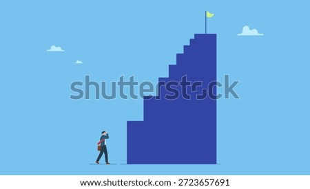Businessman looking at high steep first step of success stairway. First step is hardest, learning curve or overcome difficulty when start new business, challenge to succeed in work.