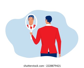 businessman looking him self from the mirror face sad or depression often conceal their true feelings or keep them inside mental health concept  flat vector illustration