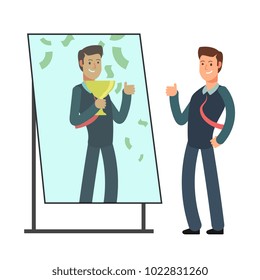 Businessman looking himself happy and successful in mirror reflection. Success in business and winner vector concept. Illustration of character businessman in reflection mirror