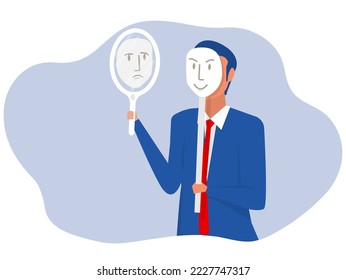 Businessman looking himself from the mirror face mask sad or depression often conceal their true feelings or keep them inside mental health concept flat vector illustration