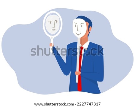 Businessman looking himself from the mirror face mask sad or depression often conceal their true feelings or keep them inside mental health concept flat vector illustration