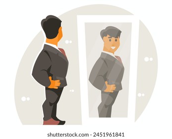 Empresario mirándose al espejo. Hombre revisando su apariencia en el espejo. Ilustración vectorial
