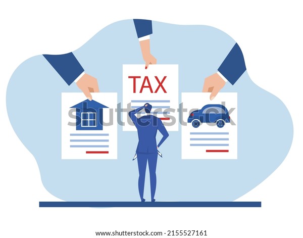 businessman looking at his\
bills,invoice,debt,home,car flat character design. vector\
illustration