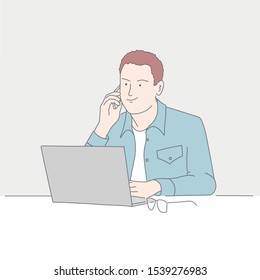 Businessman looking at his laptop and talking on his phone. Hand drawn vector illustration.