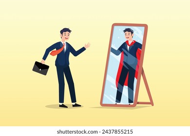 Businessman looking at his strong ideal self superhero reflection mirror, self confidence or self esteem believe in yourself, positive attitude to success, determination to achieve goals (Vector)