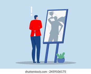 Businessman looking at his strong ideal self superhero reflection mirror.ambition and self confident concept. Dreamy person, self motivation, self esteem human vector illustration. 