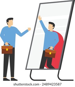 Businessman looking at his strong ideal self superhero reflection mirror. Self confidence, positive attitude to success, determination to achieve goals. Vector illustration.

