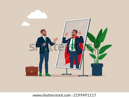 Businessman looking at his strong ideal self superhero reflection mirror. Self confidence, positive attitude to success, determination to achieve goals. Vector illustration.