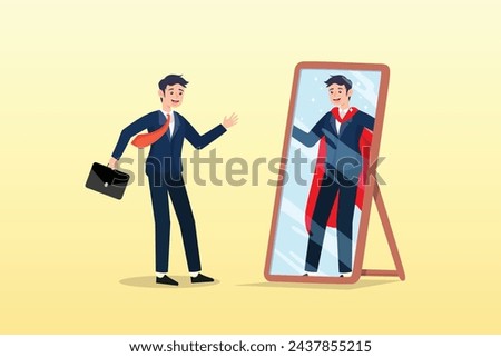 Businessman looking at his strong ideal self superhero reflection mirror, self confidence or self esteem believe in yourself, positive attitude to success, determination to achieve goals (Vector)