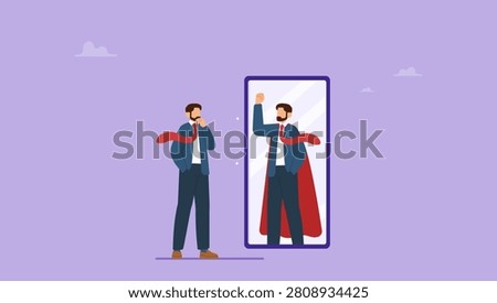 Businessman looking at his strong ideal self superhero reflection mirror. Self confidence or self esteem believe in yourself, positive attitude to success, ambition or determination to achieve goals.