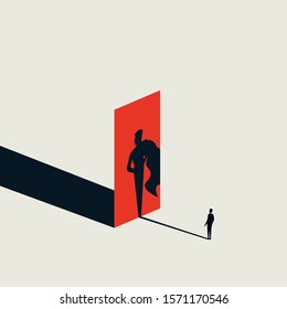 Businessman looking at his superhero shadow vector concept. Symbol of ambition, career progress, motivation. Confident leader and manager. Eps10 illustration. - Shutterstock ID 1571170546