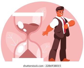 Empresario mirando su reloj. Concepto de entrometido. Control, seguimiento y supervisión eficaces del tiempo, gestión de tareas o planificación del trabajo y productividad. Gráficos vectoriales