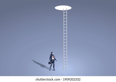 Businessman Looking Up at a Hole with Long Stairs at the Sky Blue Collar Illustration Concept