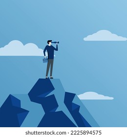 Businessman looking at horizon with telescope, future business trend. Businessman standing on mountain using telescope looking for success, opportunity, Vision concept. Cartoon Vector Illustration.