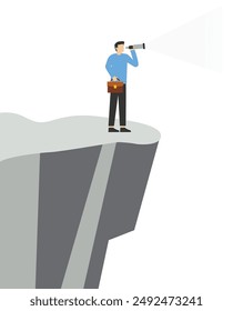 Empresario mirando el horizonte con el telescopio, tendencia futura del negocio. Empresario de pie en la montaña utilizando el telescopio en busca de éxito, oportunidad, concepto de visión. Ilustración vectorial de dibujos animados.

