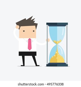 Businessman is looking at hourglass with Gold coins. Time is money. Vector