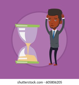 Businessman looking at hourglass symbolizing deadline. Man worrying about deadline terms. Time management and deadline concept. Vector flat design illustration in the circle isolated on background.