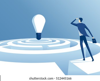 businessman looking for how to go through maze and get to the ideas. the employee thinks how to pass the labyrinth and get to the bulb. business concept the path to the idea