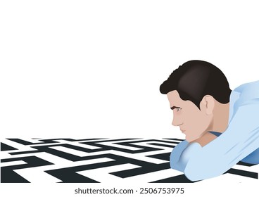 Businessman looking at a huge maze problem solving concept