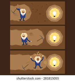 Businessman looking for the idea in the shape of a bulb. Vector image illustration.