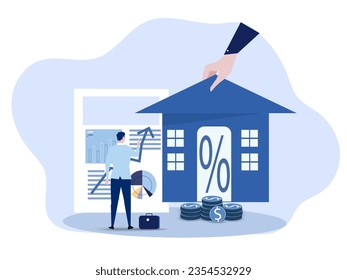 Businessman looking info for invest in real estate or housing price rising up concept. vector illustration.