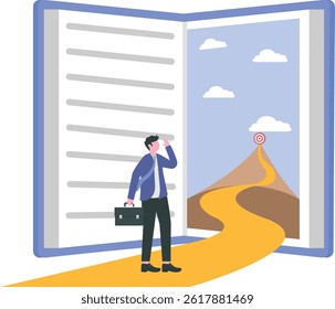 Businessman looking inside book way go to goal dream success concept .vector illustrator

