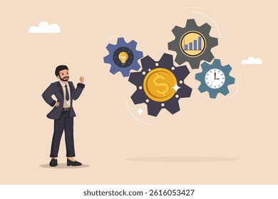 Businessman looking Interlocking Gears with Dollar Coin, Lightbulb, Bar Chart, and Clock Concept of Business Strategy and Financial Growth.