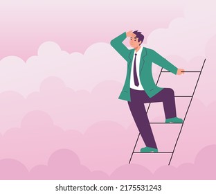 Businessman looking into future choosing direction of development through the clouds. Concept of searching for business solutions, opportunities, decisions, new ideas or staff. Flat Art Vector Illustr