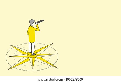 Businessman looking into the telescope,with compass and arrow,isometric,simple vector illustration,yellow and gray color