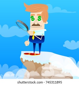 Businessman looking for investment opportunity with a magnifying glass on a mountain with dollar sign in his eyes. Vector cartoon character illustration. Business concept.