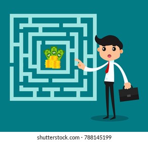 Businessman looking at labyrinth and planning to get money goal. Business concept vector illustration
