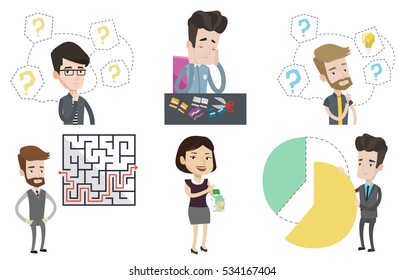 Businessman looking at labyrinth with solution. Caucasian businessman thinking about business solution. Business solution concept. Set of vector flat design illustrations isolated on white background.