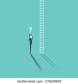 Businessman looking at a ladder going up the cloud with a question mark above his head. Business concept and metaphor for corporate ladder.