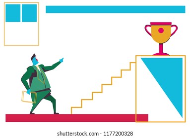 businessman looking ladder podium golden trophy cup first place champion business motivation concept businessman career winner strategy horizontal vector illustration