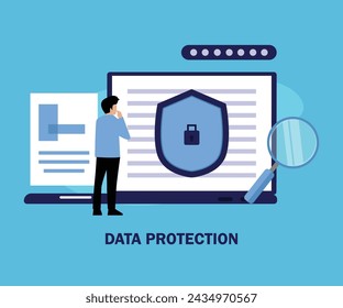 Businessman looking at laptop screen with shield flat vector illustration