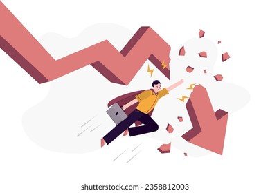 Businessman looking like hero fly in sky and breaks falling graph. Overcoming financial and economic crisis. Arrow stock chart. Confident male trader breaks trend to panic sells. vector illustration