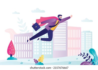 Businessman looking like super hero flies through the sky. Male worker with improved skills. Boost your business, acceleration of profit. High performance at work. Leadership. Flat vector illustration