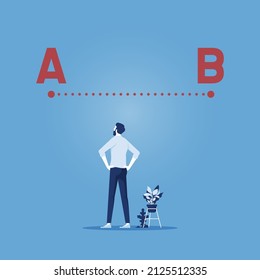 Businessman looking at a line between a to b on a wall, business solution searching challenge concept