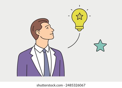 Businessman looking up line with vector illustration on white background