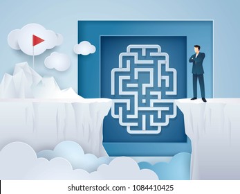 Businessman looking at Maze brain Between Cliff Gap Mountain and Red Flag,Concept Business of solution,Solving problems,Challenge,Trouble, obstacles,Growth to success,Reach the target,Paper art vector